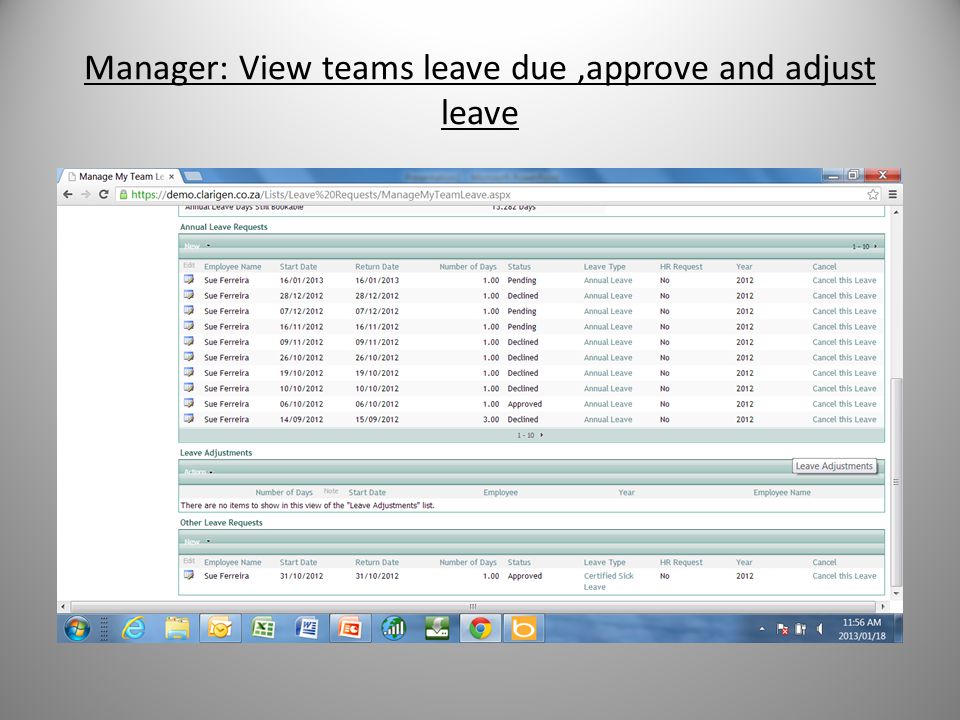 Manager: View teams leave due,approve and adjust leave