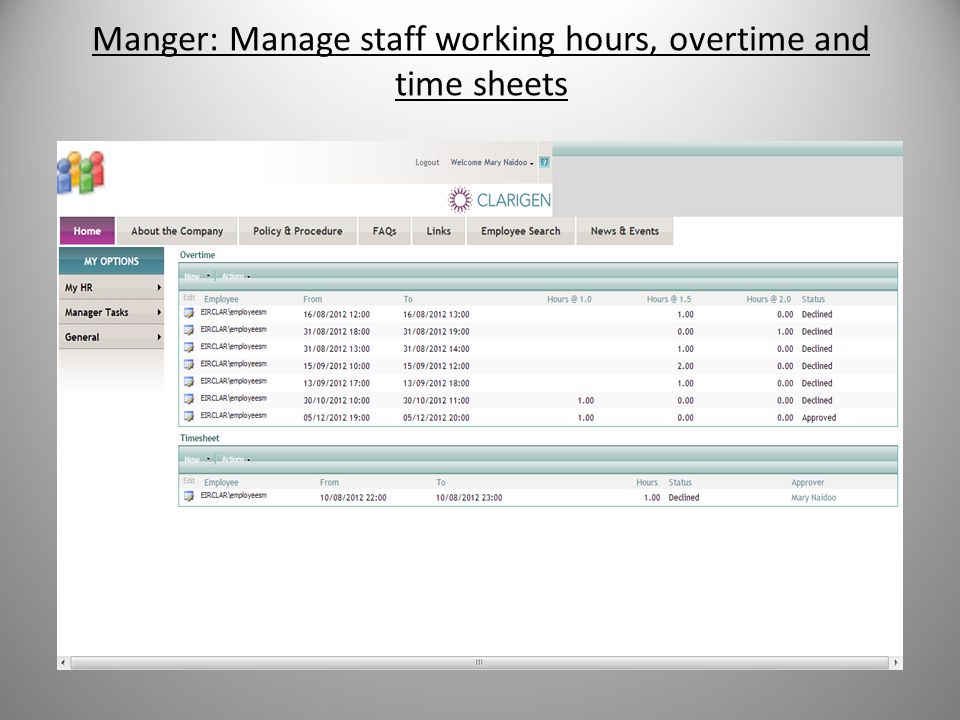 Manger: Manage staff working hours, overtime and time sheets