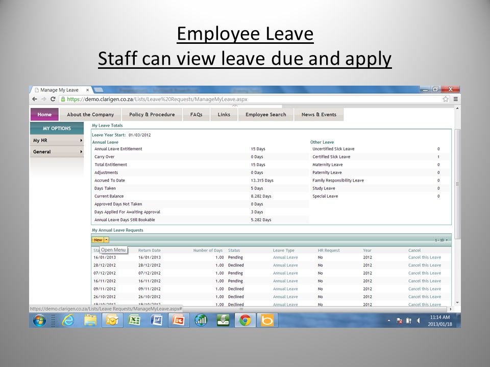 Employee Leave Staff can view leave due and apply