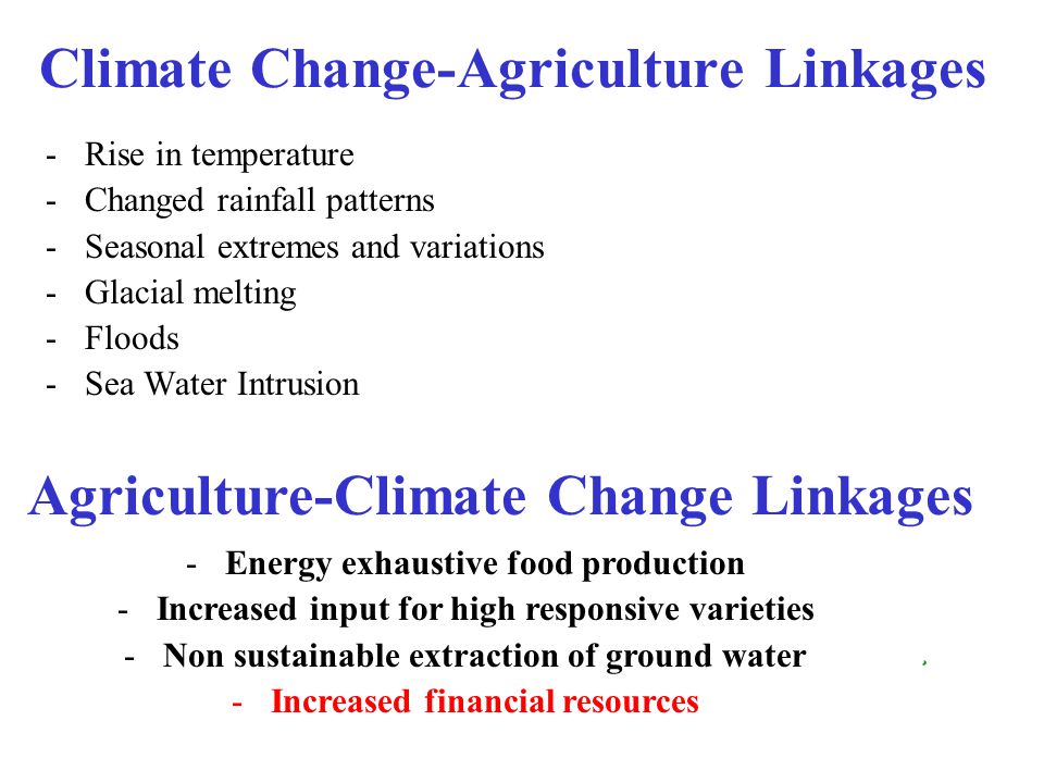 Climate Change-Agriculture Linkages -Rise in temperature -Changed rainfall patterns -Seasonal extremes and variations -Glacial melting -Floods -Sea Water Intrusion Agriculture-Climate Change Linkages -Energy exhaustive food production -Increased input for high responsive varieties -Non sustainable extraction of ground water -Increased financial resources