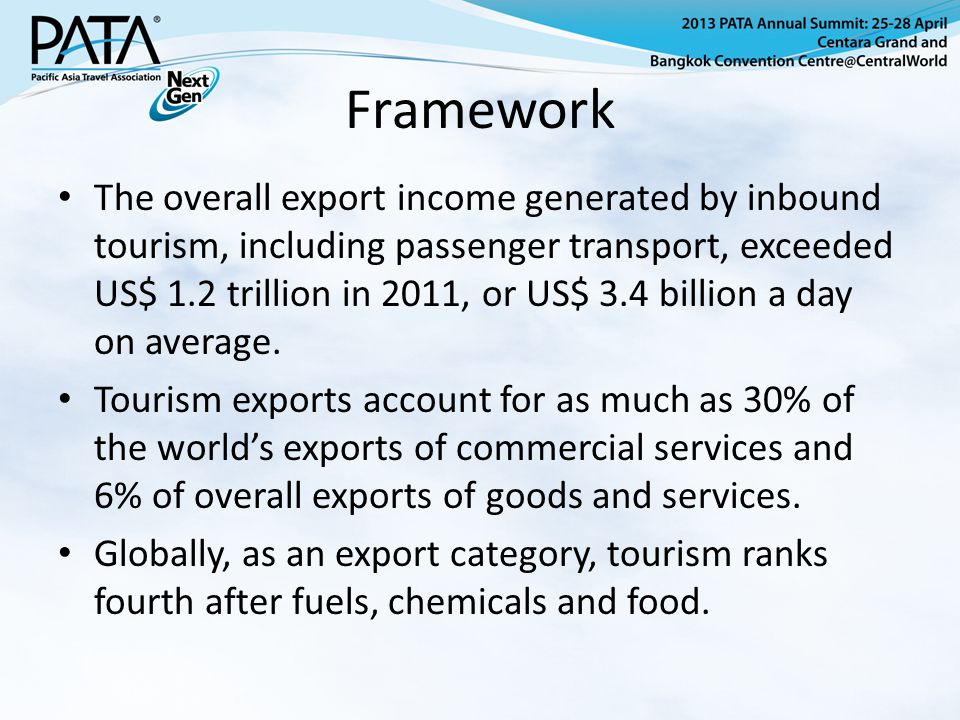 Framework The overall export income generated by inbound tourism, including passenger transport, exceeded US$ 1.2 trillion in 2011, or US$ 3.4 billion a day on average.