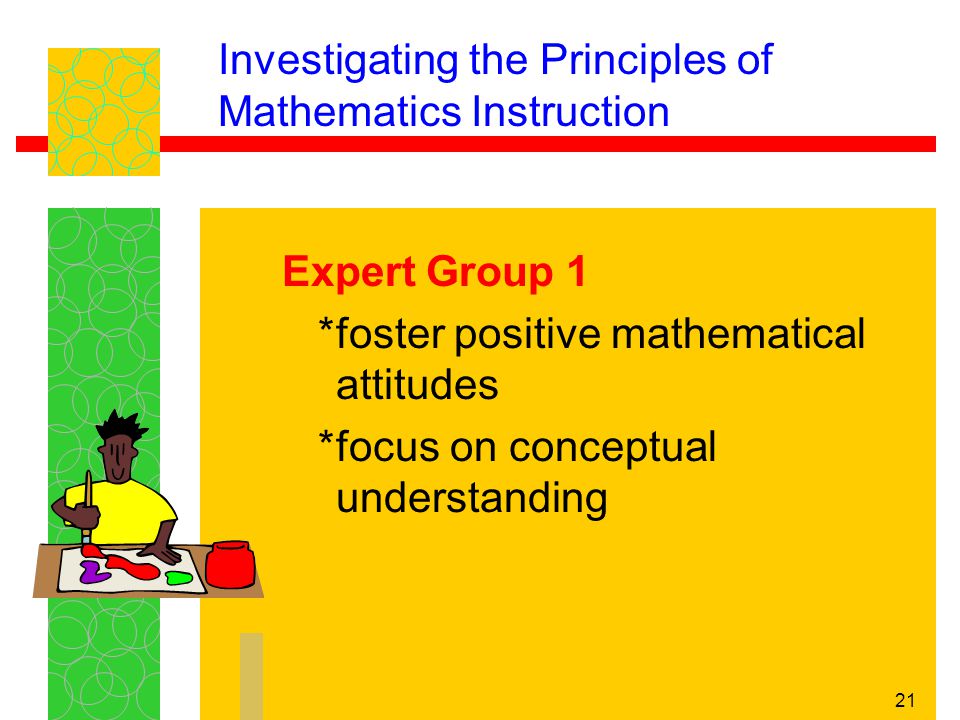 21 Investigating the Principles of Mathematics Instruction Expert Group 1 *foster positive mathematical attitudes *focus on conceptual understanding