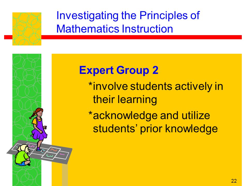 22 Investigating the Principles of Mathematics Instruction Expert Group 2 *involve students actively in their learning *acknowledge and utilize students’ prior knowledge