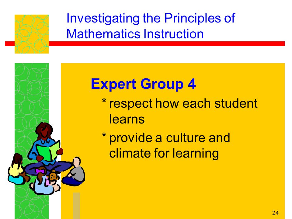 24 Investigating the Principles of Mathematics Instruction Expert Group 4 *respect how each student learns *provide a culture and climate for learning