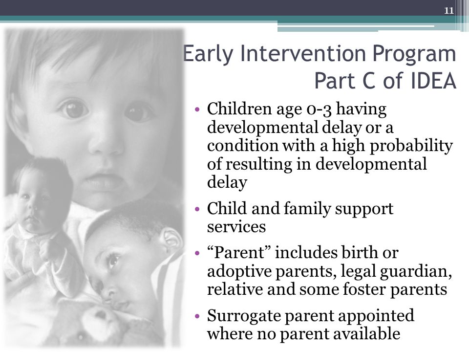 Early Intervention Program Part C of IDEA Children age 0-3 having developmental delay or a condition with a high probability of resulting in developmental delay Child and family support services Parent includes birth or adoptive parents, legal guardian, relative and some foster parents Surrogate parent appointed where no parent available 11