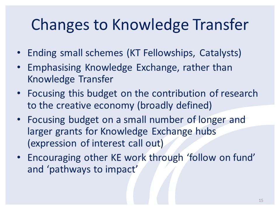 Changes to Knowledge Transfer Ending small schemes (KT Fellowships, Catalysts) Emphasising Knowledge Exchange, rather than Knowledge Transfer Focusing this budget on the contribution of research to the creative economy (broadly defined) Focusing budget on a small number of longer and larger grants for Knowledge Exchange hubs (expression of interest call out) Encouraging other KE work through ‘follow on fund’ and ‘pathways to impact’ 15