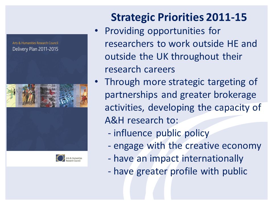 Strategic Priorities Providing opportunities for researchers to work outside HE and outside the UK throughout their research careers Through more strategic targeting of partnerships and greater brokerage activities, developing the capacity of A&H research to: - influence public policy - engage with the creative economy - have an impact internationally - have greater profile with public
