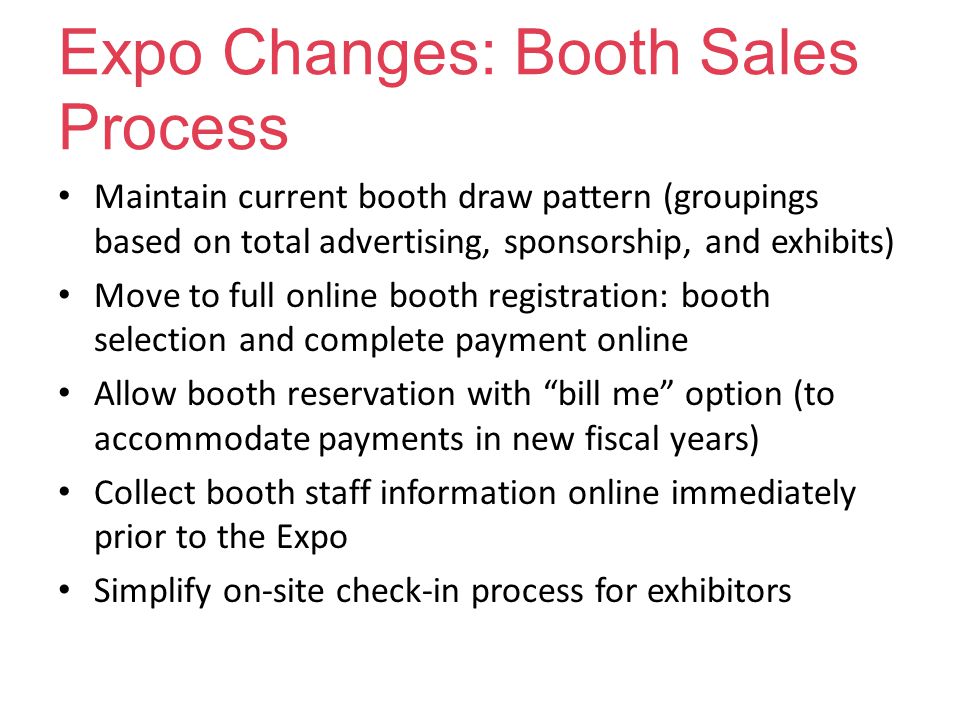 Expo Changes: Booth Sales Process Maintain current booth draw pattern (groupings based on total advertising, sponsorship, and exhibits) Move to full online booth registration: booth selection and complete payment online Allow booth reservation with bill me option (to accommodate payments in new fiscal years) Collect booth staff information online immediately prior to the Expo Simplify on-site check-in process for exhibitors