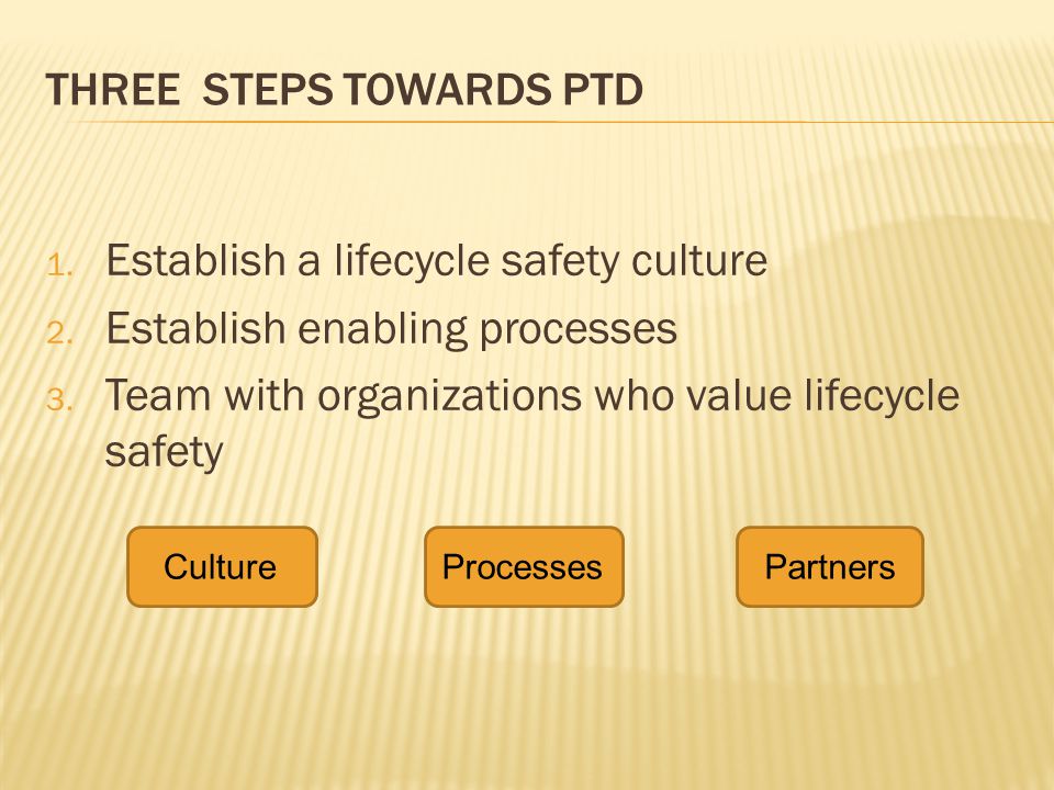 THREE STEPS TOWARDS PTD 1. Establish a lifecycle safety culture 2.