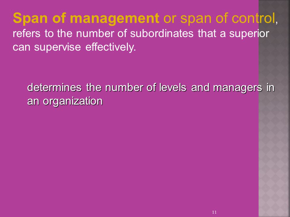 11 Span of management or span of control, refers to the number of subordinates that a superior can supervise effectively.