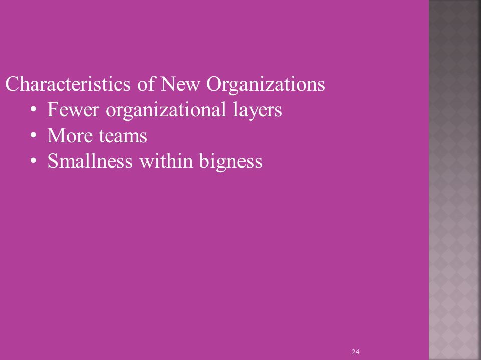 24 Characteristics of New Organizations Fewer organizational layers More teams Smallness within bigness