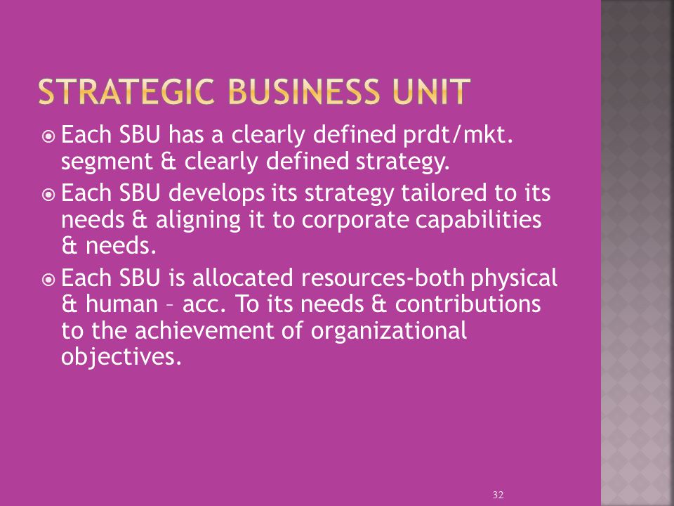  Each SBU has a clearly defined prdt/mkt. segment & clearly defined strategy.