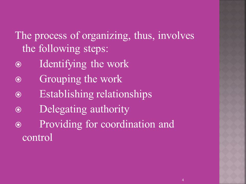 The process of organizing, thus, involves the following steps:  Identifying the work  Grouping the work  Establishing relationships  Delegating authority  Providing for coordination and control 4