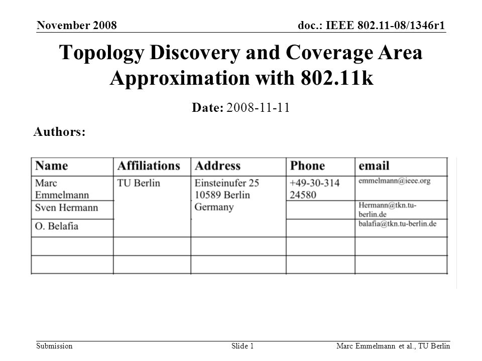 doc.: IEEE /1346r1 Submission November 2008 Marc Emmelmann et al., TU BerlinSlide 1 Topology Discovery and Coverage Area Approximation with k Date: Authors: