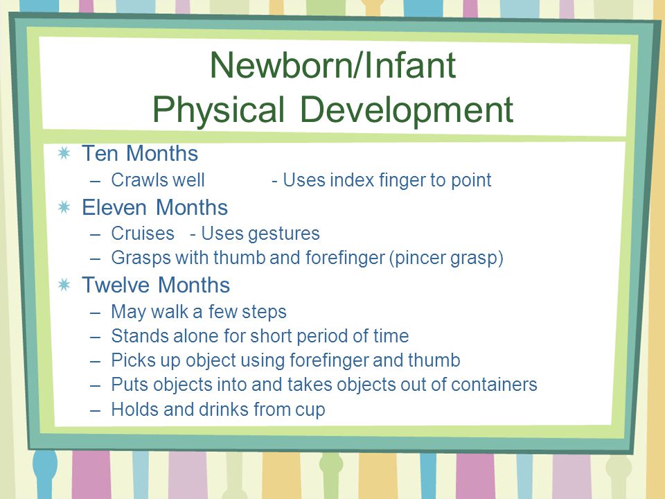 Newborn/Infant Physical Development Ten Months –Crawls well - Uses index finger to point Eleven Months –Cruises- Uses gestures –Grasps with thumb and forefinger (pincer grasp) Twelve Months –May walk a few steps –Stands alone for short period of time –Picks up object using forefinger and thumb –Puts objects into and takes objects out of containers –Holds and drinks from cup