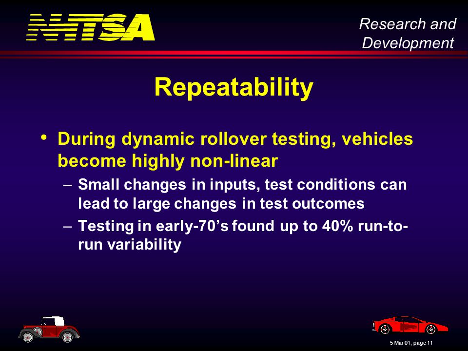 Research and Development 5 Mar 01, page 11 Repeatability During dynamic rollover testing, vehicles become highly non-linear –Small changes in inputs, test conditions can lead to large changes in test outcomes –Testing in early-70’s found up to 40% run-to- run variability