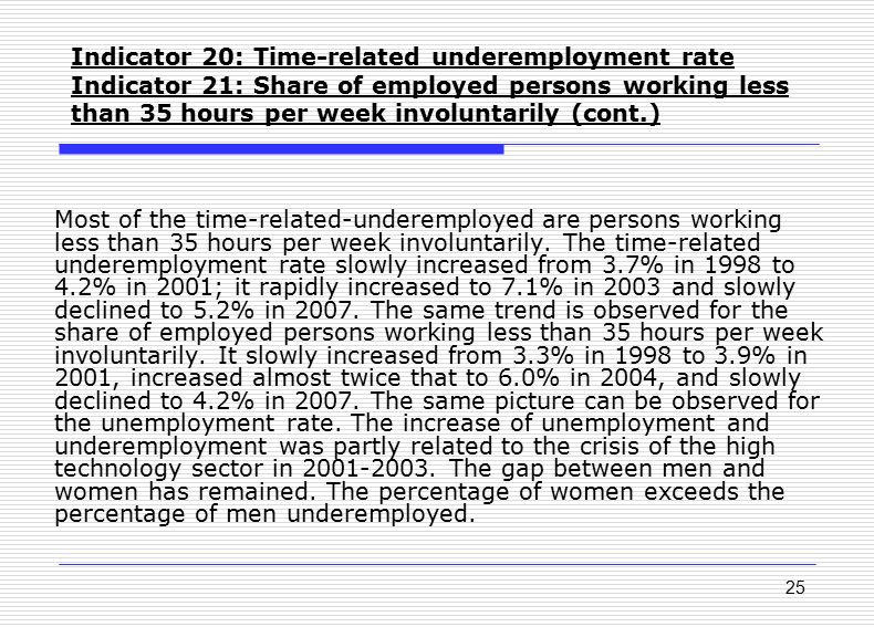 25 Indicator 20: Time-related underemployment rate Indicator 21: Share of employed persons working less than 35 hours per week involuntarily (cont.) Most of the time-related-underemployed are persons working less than 35 hours per week involuntarily.