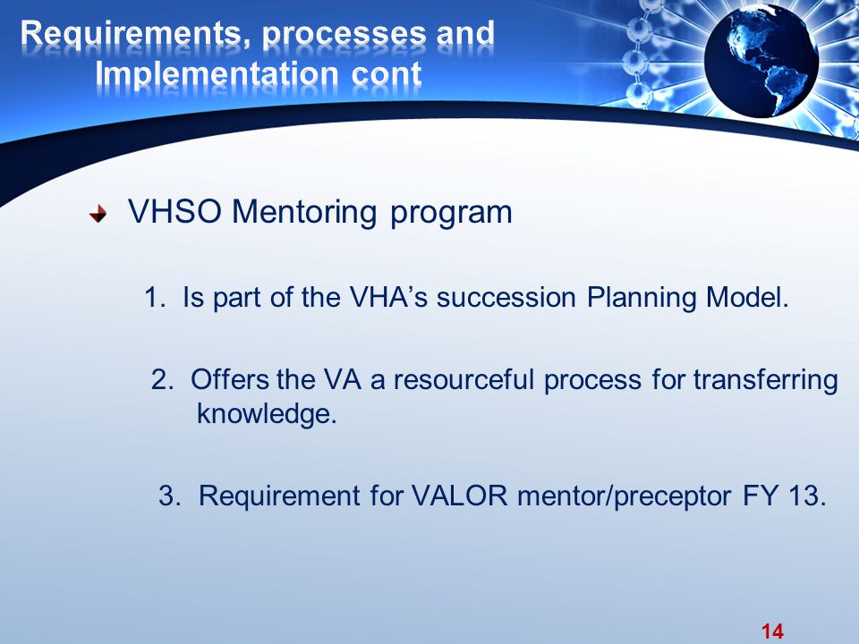 14 VHSO Mentoring program 1. Is part of the VHA’s succession Planning Model.