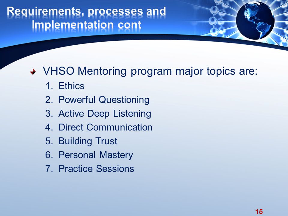 15 VHSO Mentoring program major topics are: 1. Ethics 2.