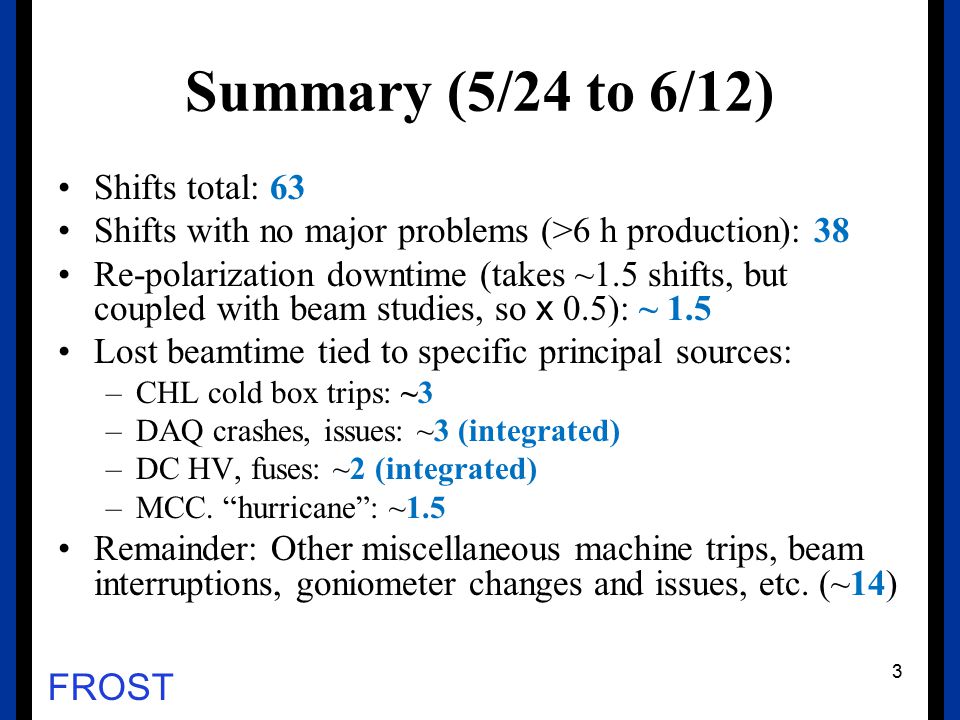 FROST Summary (5/24 to 6/12) Shifts total: 63 Shifts with no major problems (>6 h production): 38 Re-polarization downtime (takes ~1.5 shifts, but coupled with beam studies, so x 0.5): ~ 1.5 Lost beamtime tied to specific principal sources: –CHL cold box trips: ~3 –DAQ crashes, issues: ~3 (integrated) –DC HV, fuses: ~2 (integrated) –MCC.