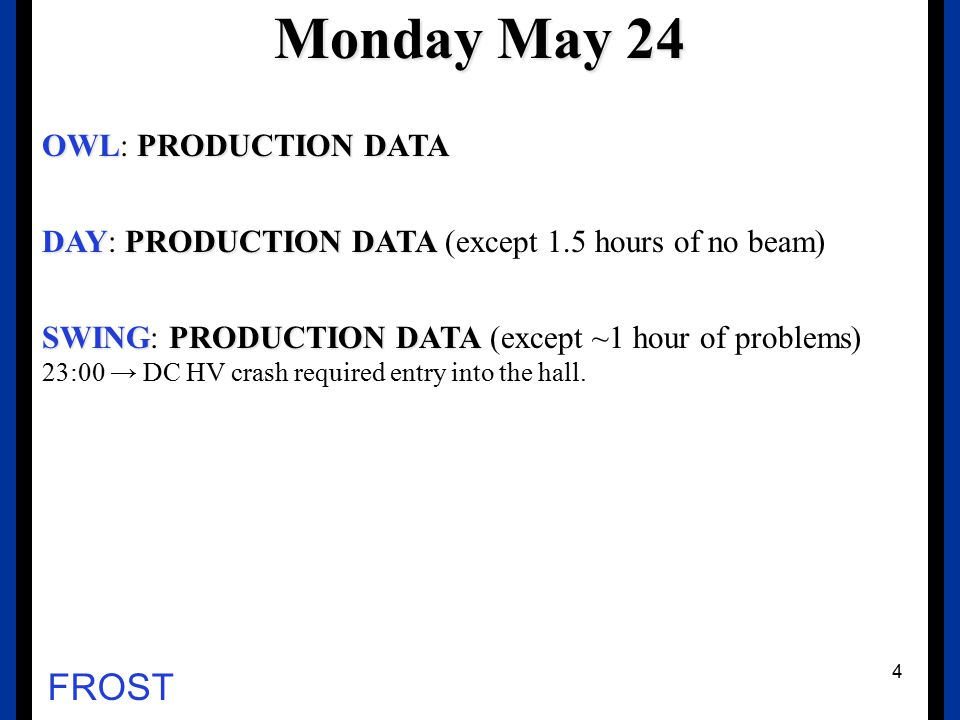FROST Monday May 24 OWLPRODUCTION DATA OWL: PRODUCTION DATA DAYPRODUCTION DATA DAY: PRODUCTION DATA (except 1.5 hours of no beam) SWINGPRODUCTION DATA SWING: PRODUCTION DATA (except ~1 hour of problems) 23:00 → DC HV crash required entry into the hall.