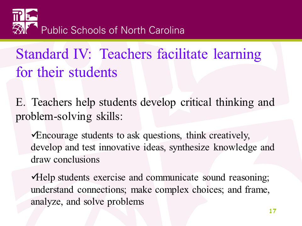 17 Standard IV: Teachers facilitate learning for their students E.