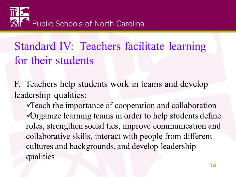 18 Standard IV: Teachers facilitate learning for their students F.