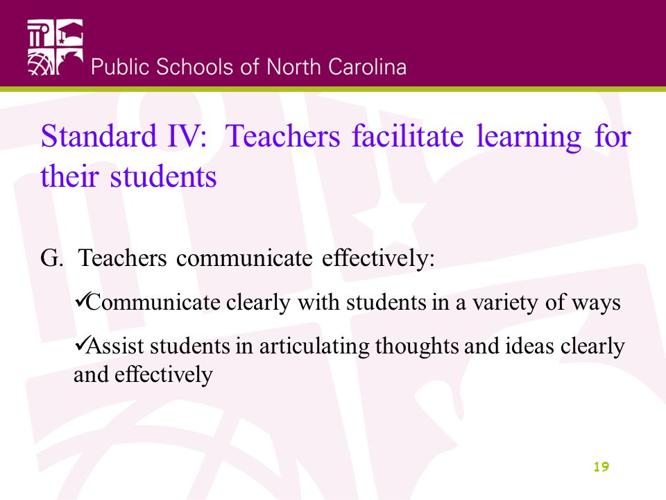 19 Standard IV: Teachers facilitate learning for their students G.