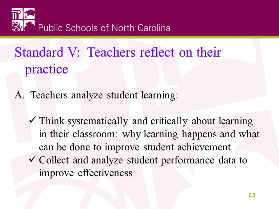 23 Standard V: Teachers reflect on their practice A.