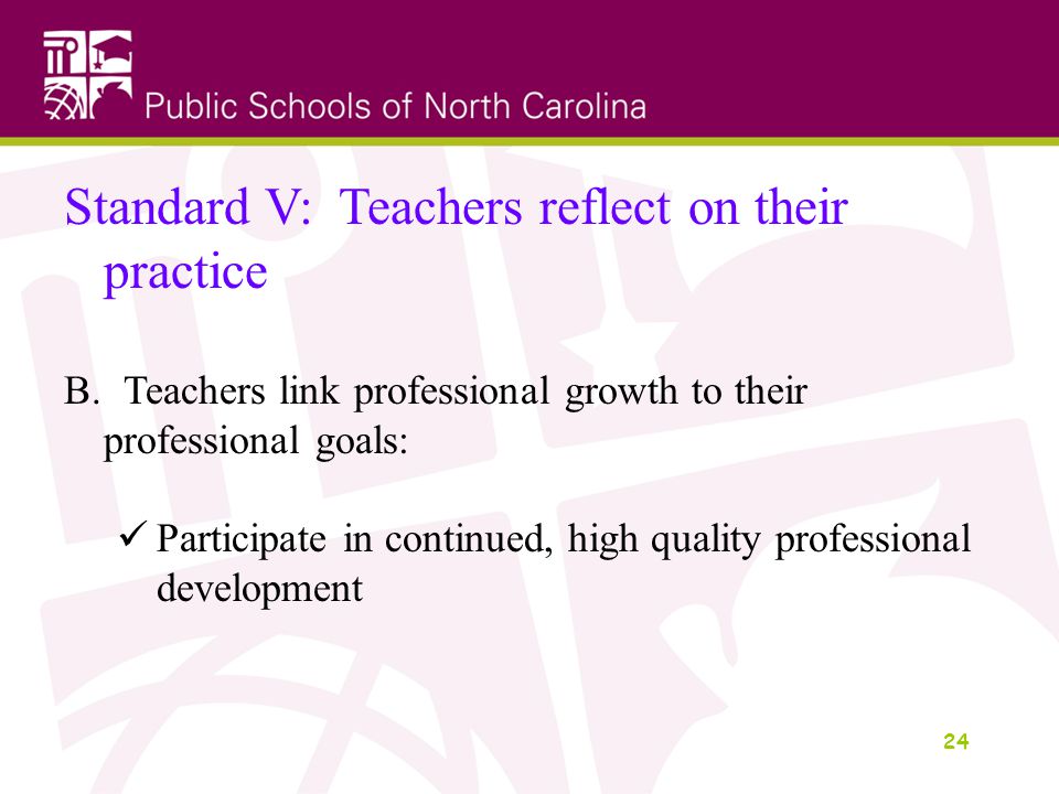 24 Standard V: Teachers reflect on their practice B.