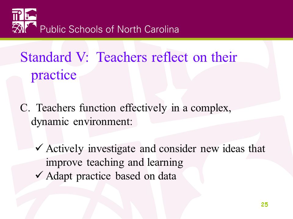 25 Standard V: Teachers reflect on their practice C.