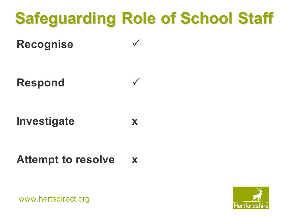 Safeguarding Role of School Staff Recognise  Respond  Investigatex Attempt to resolvex