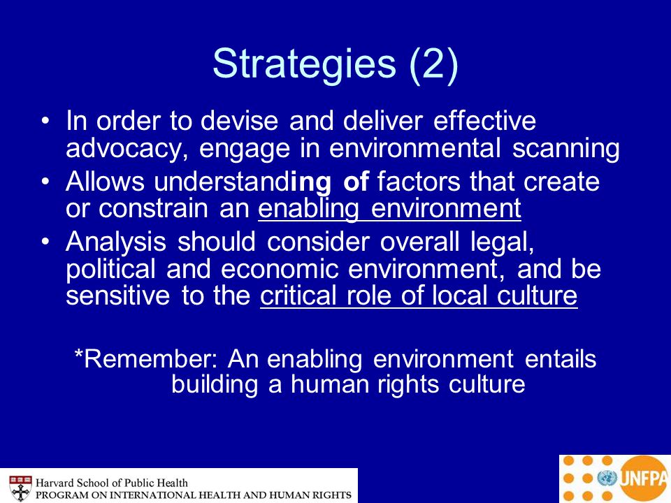 Strategies (2) In order to devise and deliver effective advocacy, engage in environmental scanning Allows understanding of factors that create or constrain an enabling environment Analysis should consider overall legal, political and economic environment, and be sensitive to the critical role of local culture *Remember: An enabling environment entails building a human rights culture
