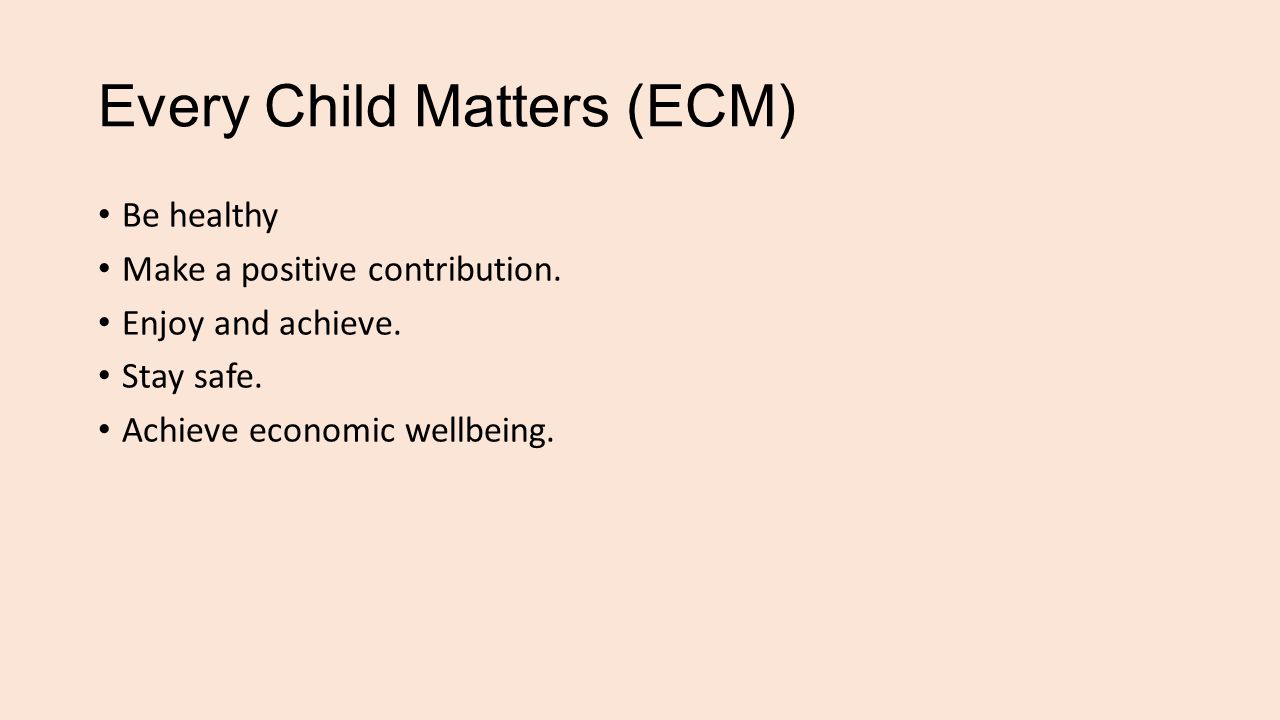 Every Child Matters (ECM) Be healthy Make a positive contribution.