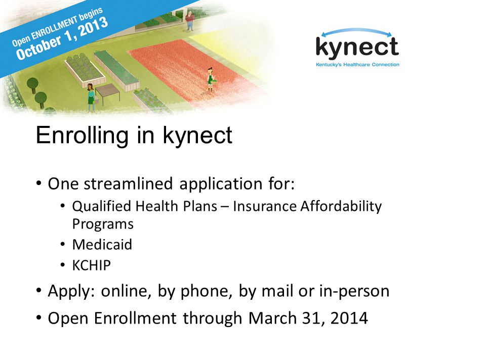 Enrolling in kynect One streamlined application for: Qualified Health Plans – Insurance Affordability Programs Medicaid KCHIP Apply: online, by phone, by mail or in-person Open Enrollment through March 31, 2014