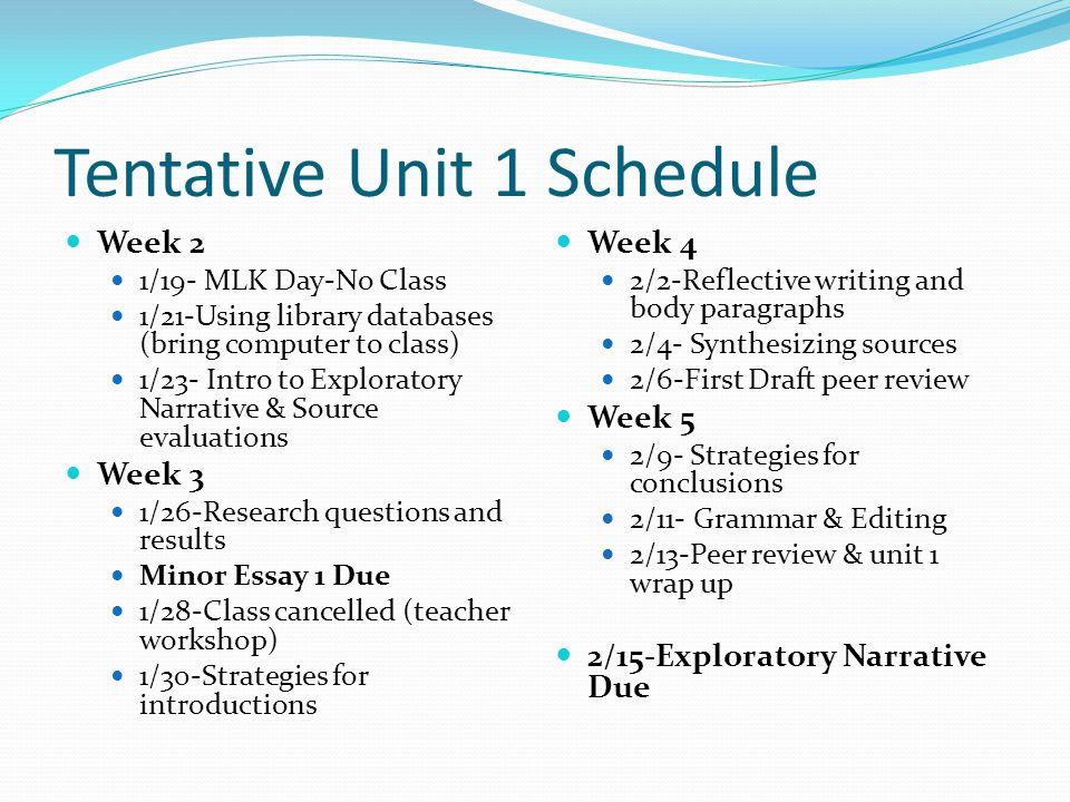 Tentative Unit 1 Schedule Week 2 1/19- MLK Day-No Class 1/21-Using library databases (bring computer to class) 1/23- Intro to Exploratory Narrative & Source evaluations Week 3 1/26-Research questions and results Minor Essay 1 Due 1/28-Class cancelled (teacher workshop) 1/30-Strategies for introductions Week 4 2/2-Reflective writing and body paragraphs 2/4- Synthesizing sources 2/6-First Draft peer review Week 5 2/9- Strategies for conclusions 2/11- Grammar & Editing 2/13-Peer review & unit 1 wrap up 2/15-Exploratory Narrative Due