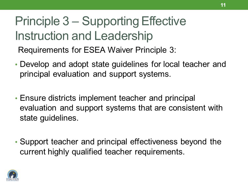Principle 3 – Supporting Effective Instruction and Leadership Requirements for ESEA Waiver Principle 3: Develop and adopt state guidelines for local teacher and principal evaluation and support systems.