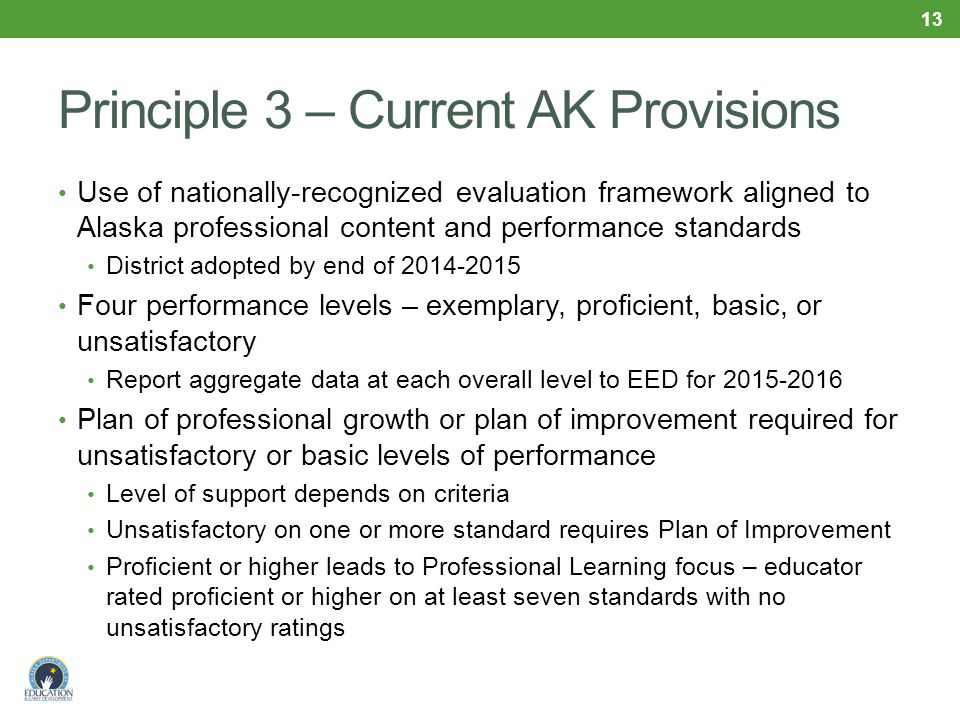 Principle 3 – Current AK Provisions Use of nationally-recognized evaluation framework aligned to Alaska professional content and performance standards District adopted by end of Four performance levels – exemplary, proficient, basic, or unsatisfactory Report aggregate data at each overall level to EED for Plan of professional growth or plan of improvement required for unsatisfactory or basic levels of performance Level of support depends on criteria Unsatisfactory on one or more standard requires Plan of Improvement Proficient or higher leads to Professional Learning focus – educator rated proficient or higher on at least seven standards with no unsatisfactory ratings 13