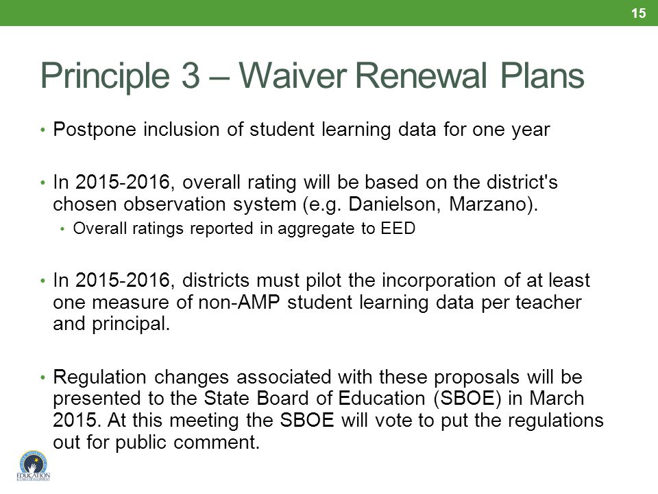 Principle 3 – Waiver Renewal Plans Postpone inclusion of student learning data for one year In , overall rating will be based on the district s chosen observation system (e.g.