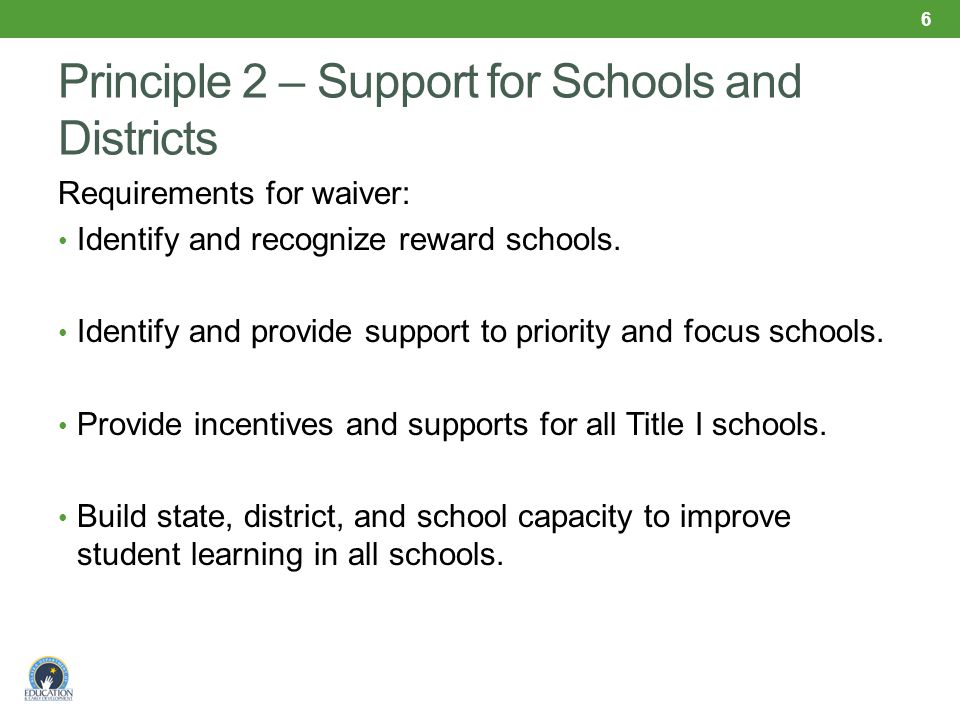 Principle 2 – Support for Schools and Districts Requirements for waiver: Identify and recognize reward schools.