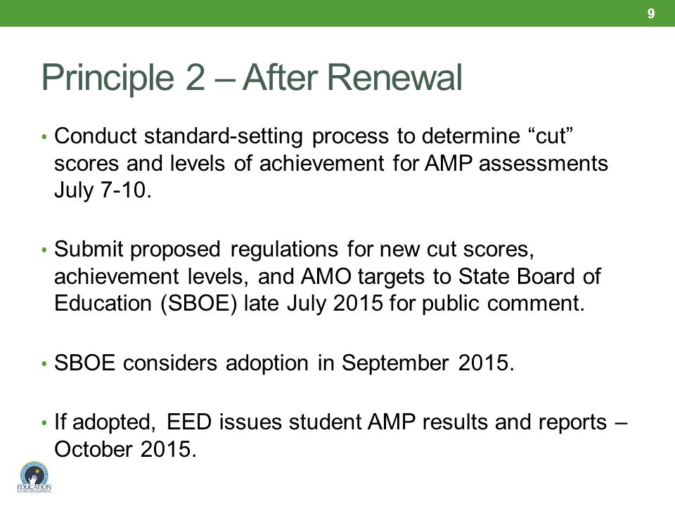 Principle 2 – After Renewal Conduct standard-setting process to determine cut scores and levels of achievement for AMP assessments July 7-10.