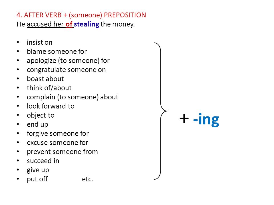 4. AFTER VERB + (someone) PREPOSITION He accused her of stealing the money.