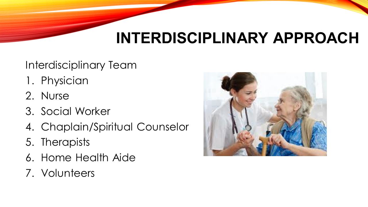 INTERDISCIPLINARY APPROACH Interdisciplinary Team 1.Physician 2.Nurse 3.Social Worker 4.Chaplain/Spiritual Counselor 5.Therapists 6.Home Health Aide 7.Volunteers