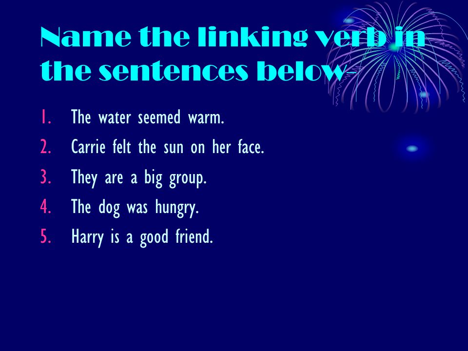 Name the linking verb in the sentences below- 1.The water seemed warm.