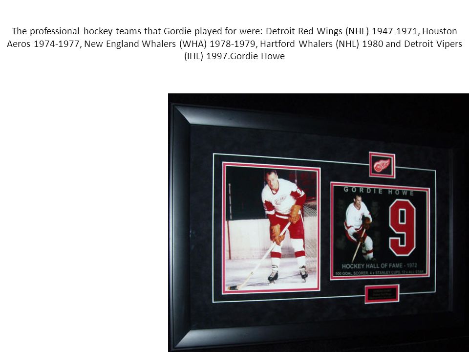 The professional hockey teams that Gordie played for were: Detroit Red Wings (NHL) , Houston Aeros , New England Whalers (WHA) , Hartford Whalers (NHL) 1980 and Detroit Vipers (IHL) 1997.Gordie Howe