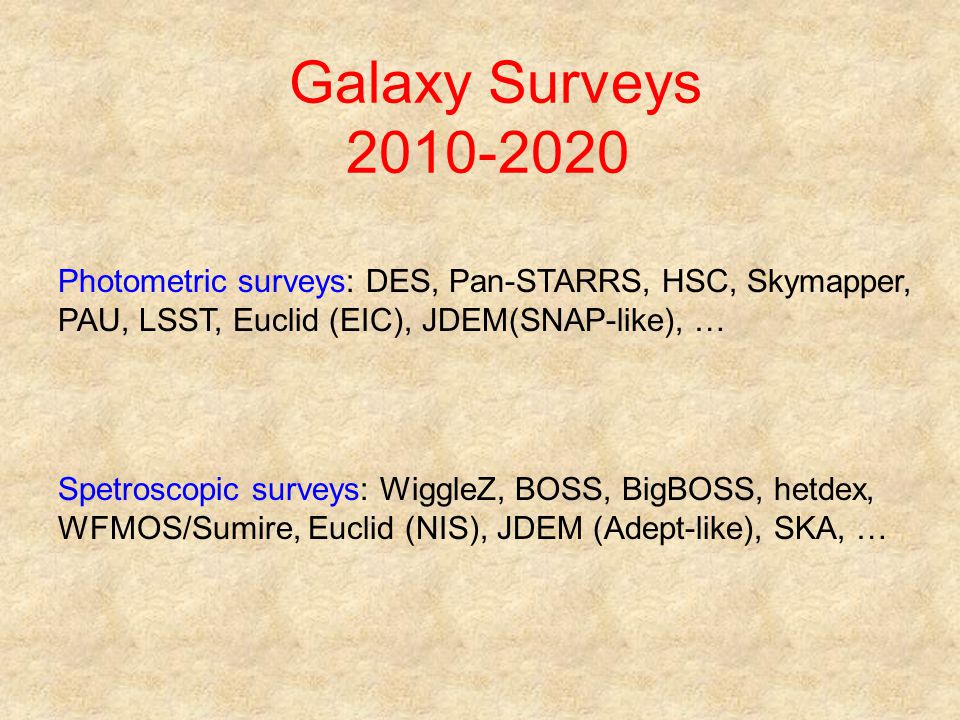 Galaxy Surveys Photometric surveys: DES, Pan-STARRS, HSC, Skymapper, PAU, LSST, Euclid (EIC), JDEM(SNAP-like), … Spetroscopic surveys: WiggleZ, BOSS, BigBOSS, hetdex, WFMOS/Sumire, Euclid (NIS), JDEM (Adept-like), SKA, …