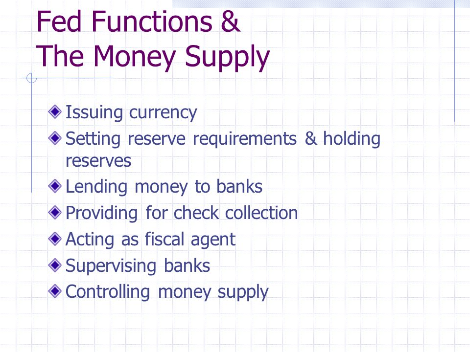 Fed Functions & The Money Supply Issuing currency Setting reserve requirements & holding reserves Lending money to banks Providing for check collection Acting as fiscal agent Supervising banks Controlling money supply