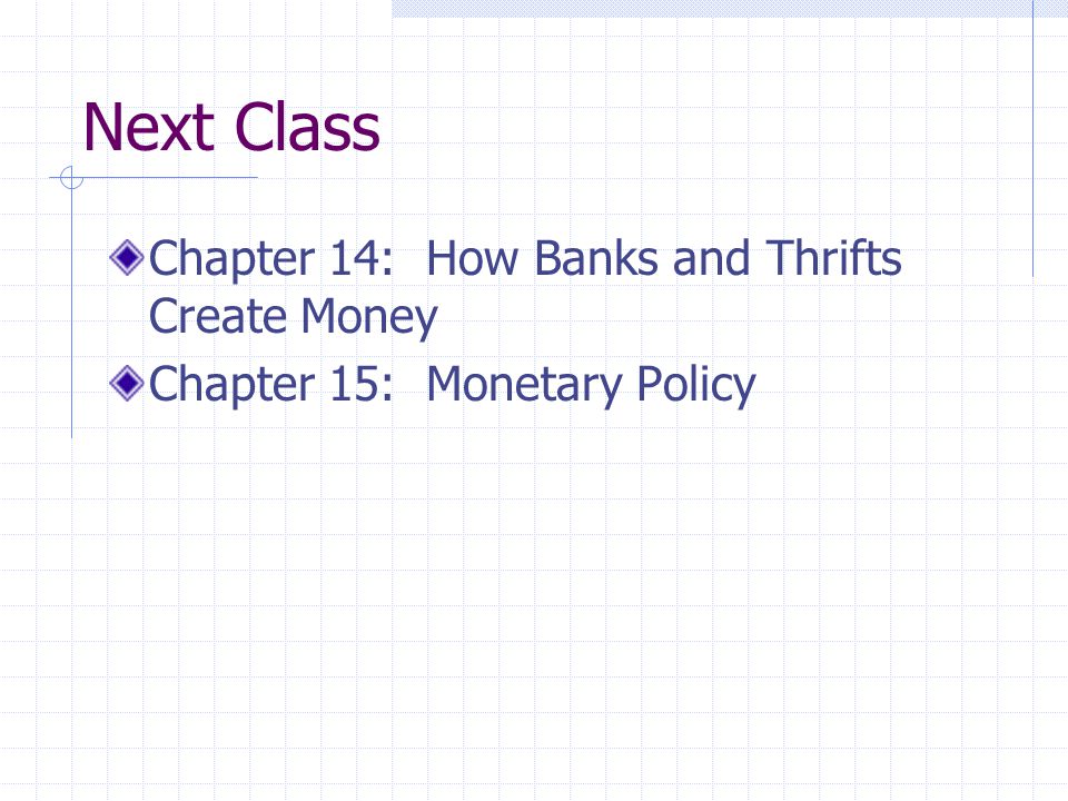 Next Class Chapter 14: How Banks and Thrifts Create Money Chapter 15: Monetary Policy