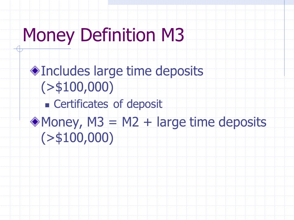 Money Definition M3 Includes large time deposits (>$100,000) Certificates of deposit Money, M3 = M2 + large time deposits (>$100,000)