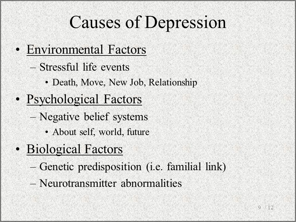 / 129 Environmental Factors –Stressful life events Death, Move, New Job, Relationship Psychological Factors –Negative belief systems About self, world, future Biological Factors –Genetic predisposition (i.e.